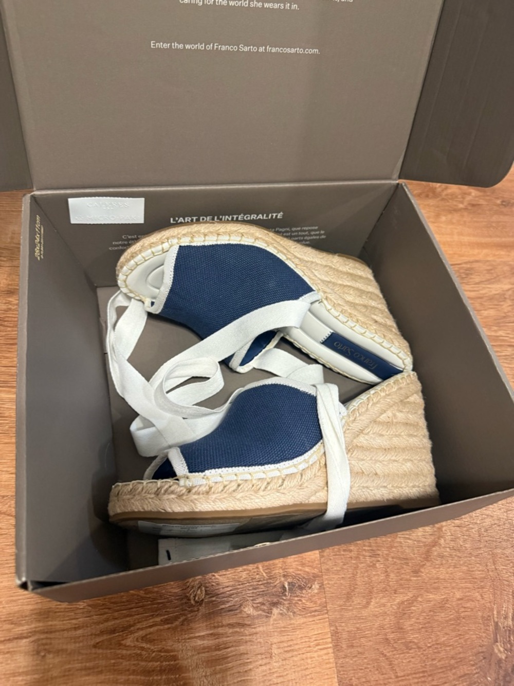 Franco Sarto Navy and White Canvas Espadrille Wedge Sandal - Picture 2 of 8